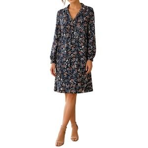C&E Navy Blue Floral Button Down Shirt Dress Long Sleeve Large